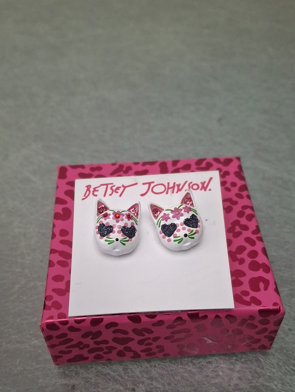 Betsey Johnson White Cat Face Stud Earrings with Pink & Black Accents
